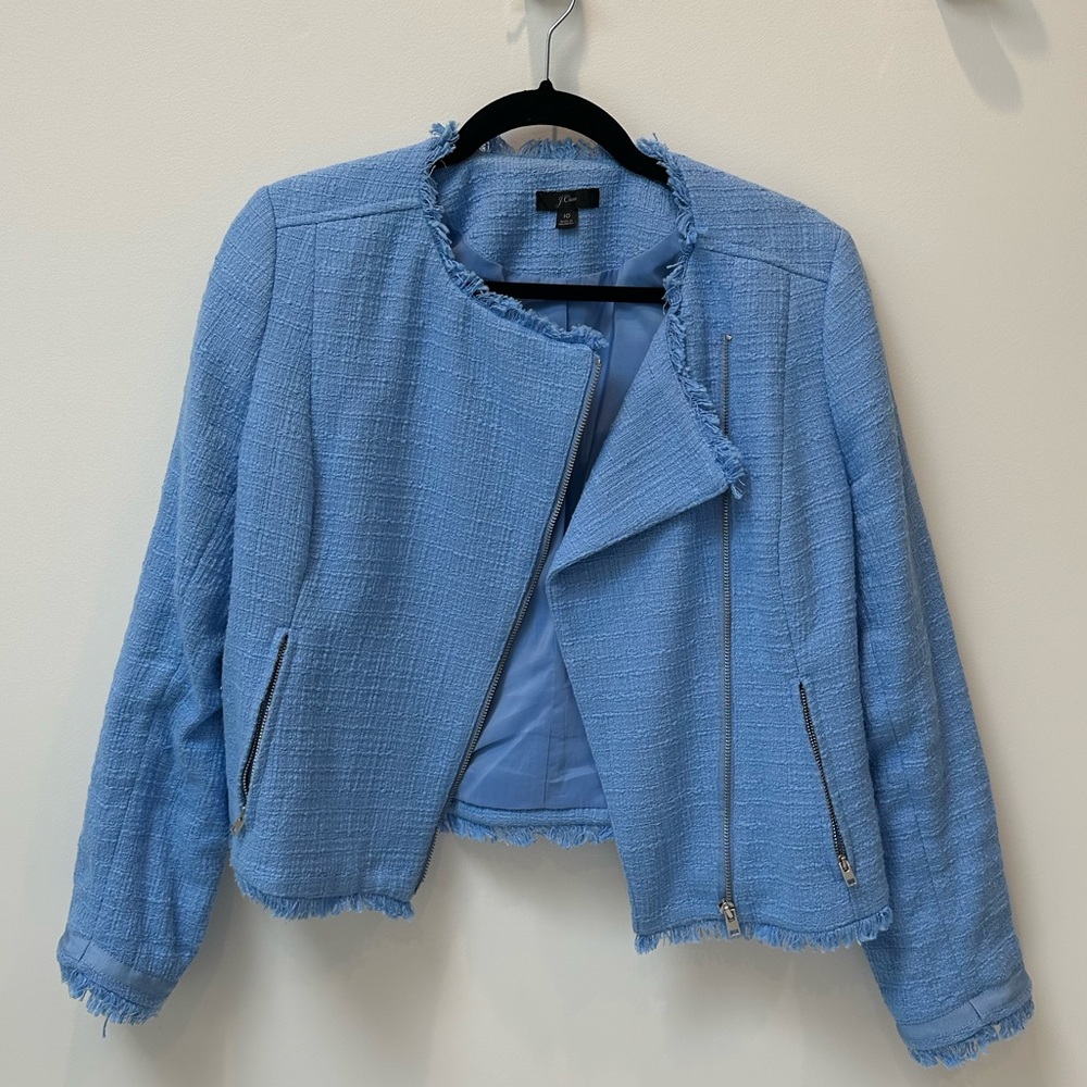 J. Crew | NWOT Tweed Fringe Motorcycle Lady Jacket Blue Size 10